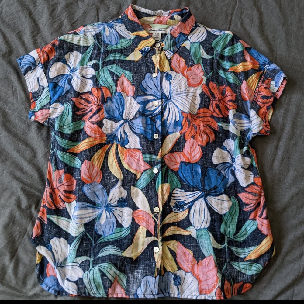 Tommy Bahama Colorful Floral Linen Camp Shirt Coastal Grandmother Lagenl…